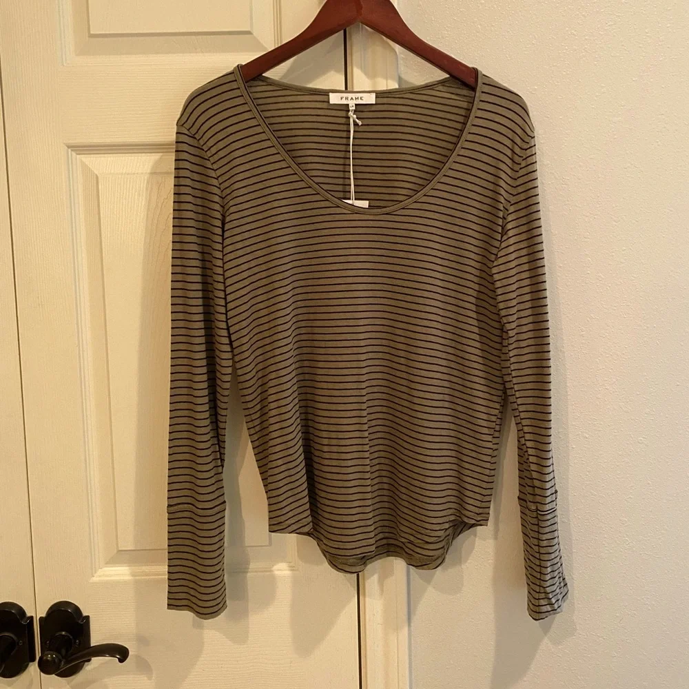FRAME LS Striped Olive Fitted Tee L
